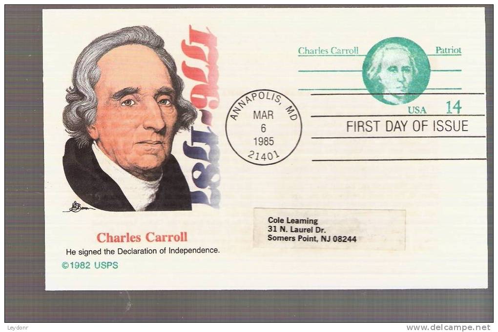FDC Postal Card -  Charels Carroll - Scott UX106 - 1981-1990