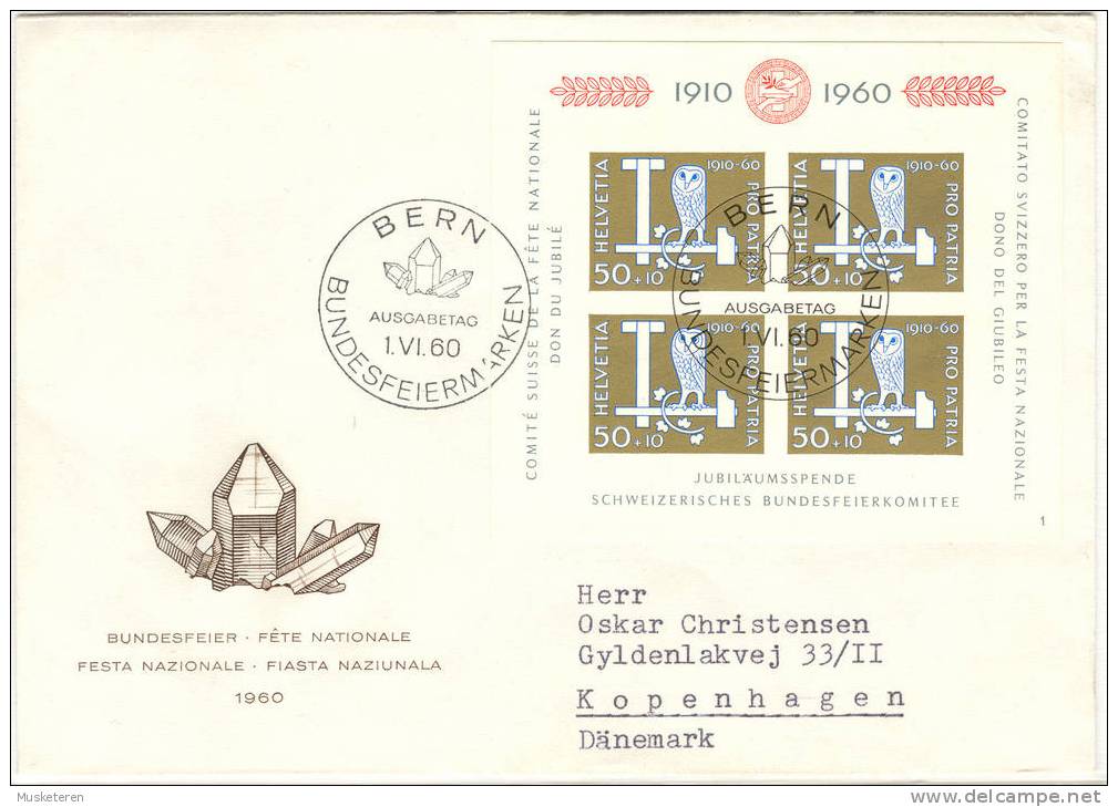 Switzerland Mi. Block 17 Pro Patria Miniature Sheet FDC Cover 1960 To Denmark - Usati