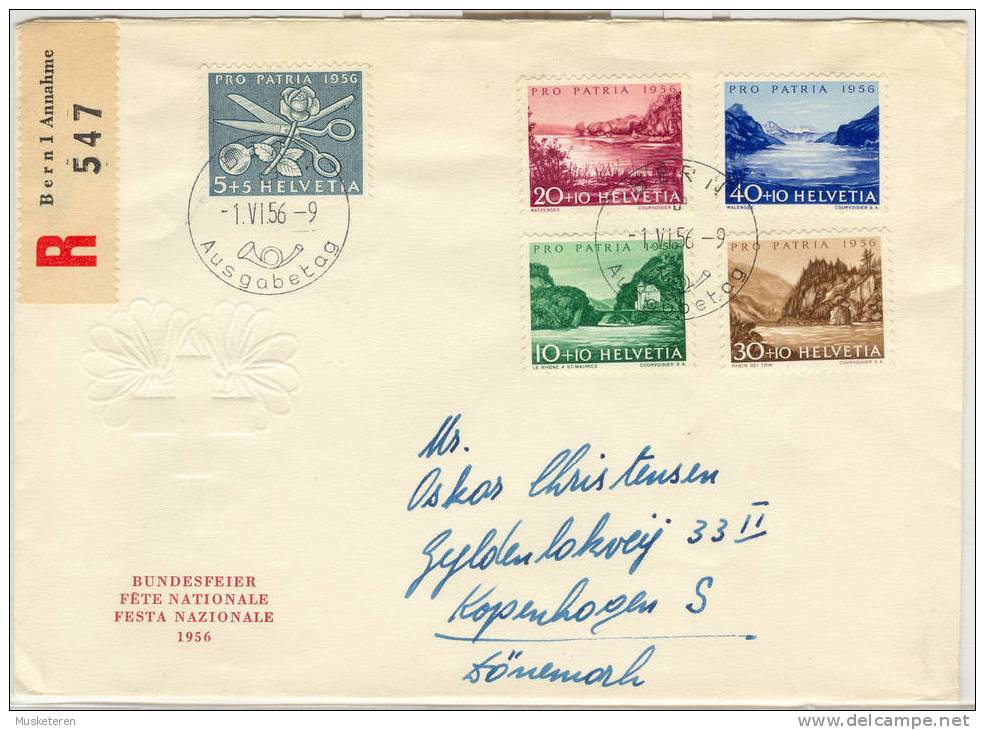 Switzerland Registered Pro Patria FDC Cover 1956 To Denmark Embossed Cachet Min. €55,- - Gebraucht