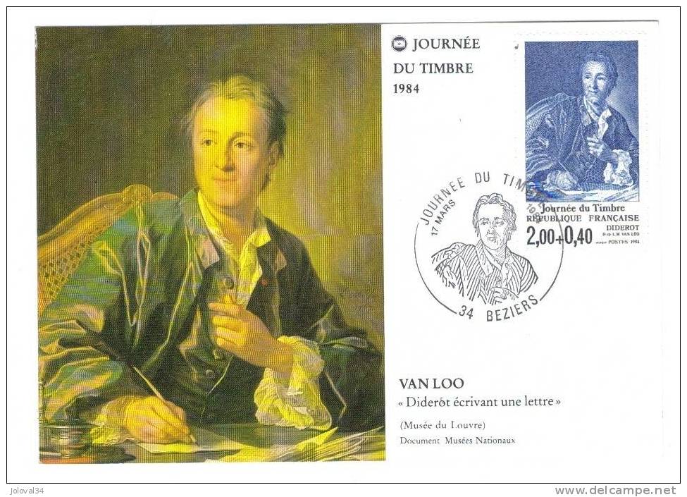 CARTE MAXIMUM FDC JOURNEE DU TIMBRE 1984 BEZIERS 17/3/84 - Tableau De VAN LOO : Diderot écrivant Une Lettre - Autres & Non Classés