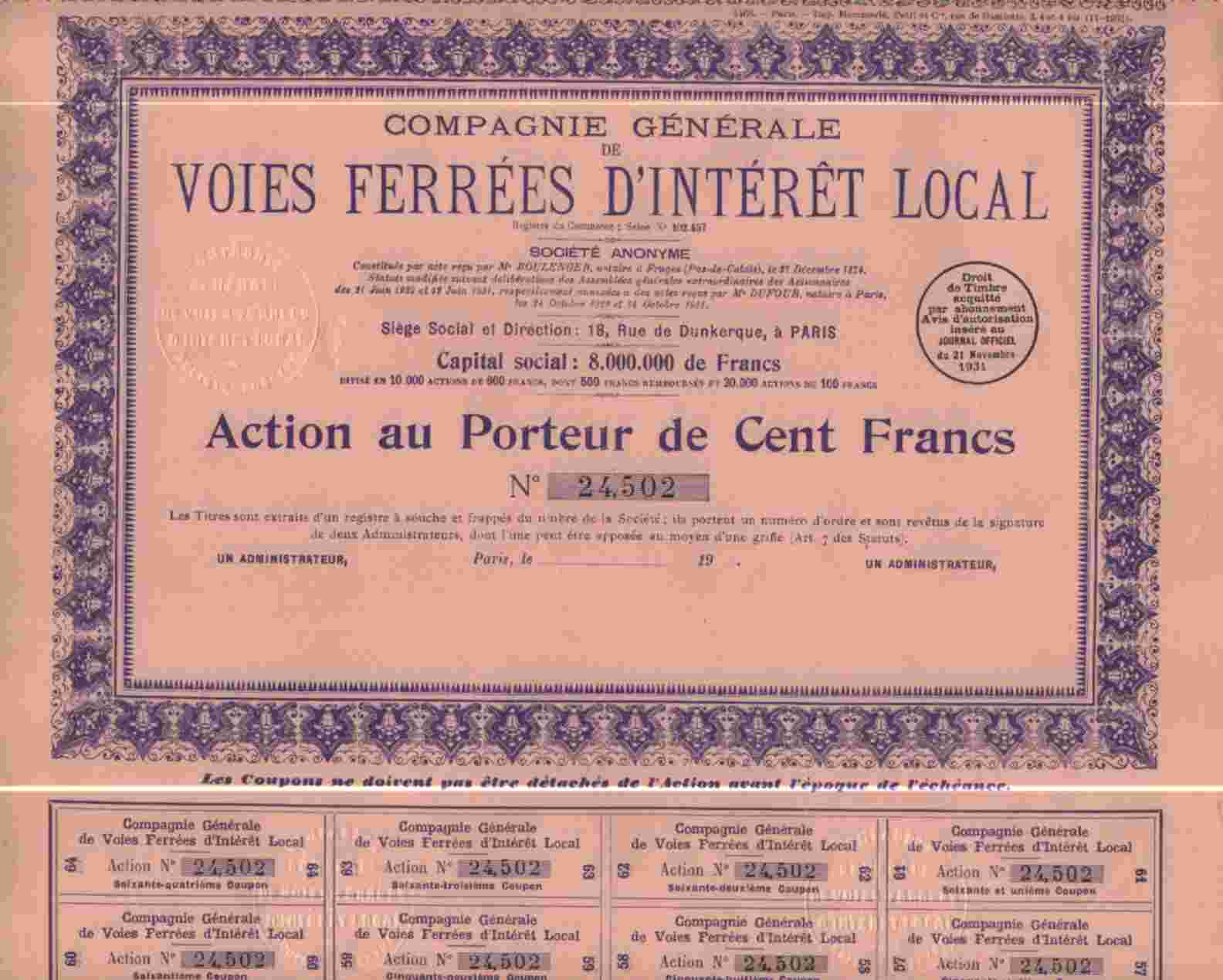 CIE GENERALE DE VOIES FERREES D ´INTERET LOCAL - Railway & Tramway