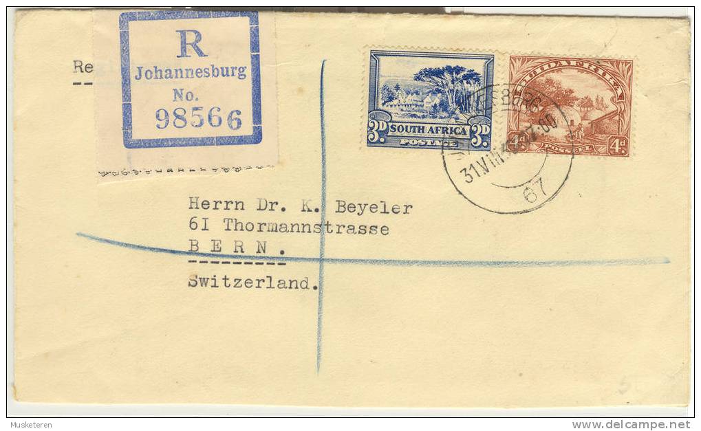 South Africa Johannesburg Registered Recommandée Einschreiben Label 1938 Cover To Bern Switzerland - Lettres & Documents