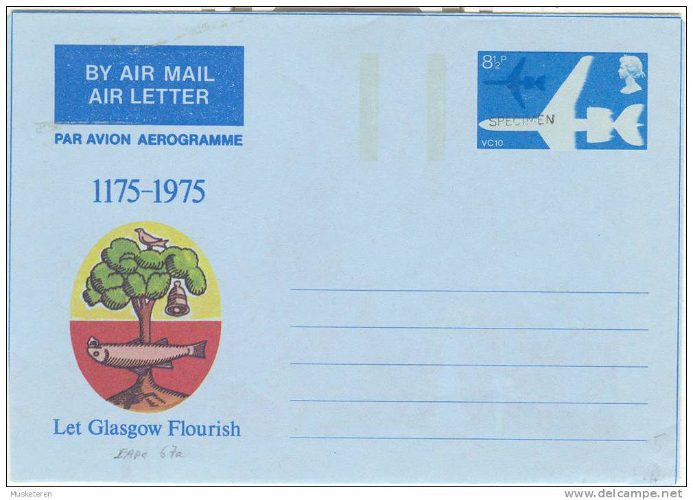 Great Britain Airmail Postal Stationery Aerogramme Cover QEII Overprint SPECIMEN Cachet 1175-1975 Let Glasgow Flourish - Ficción & Especimenes