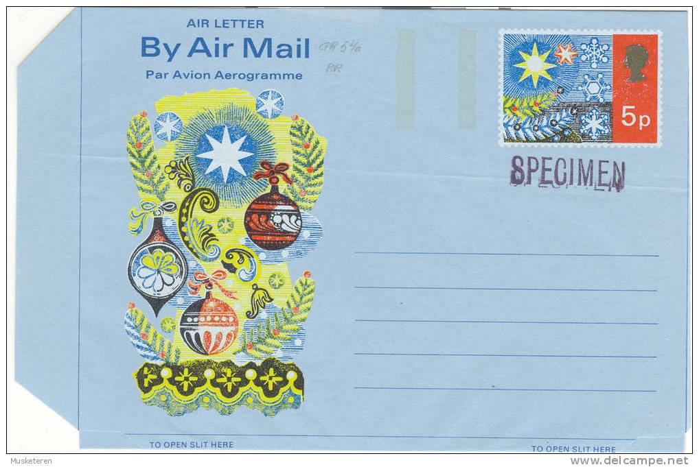 Great Britain Airmail Postal Stationery Aerogramme Cover QEII Overprint SPECIMEN DOUBLE Cachet Christmas Tree Stars Snow - Stamped Stationery, Airletters & Aerogrammes