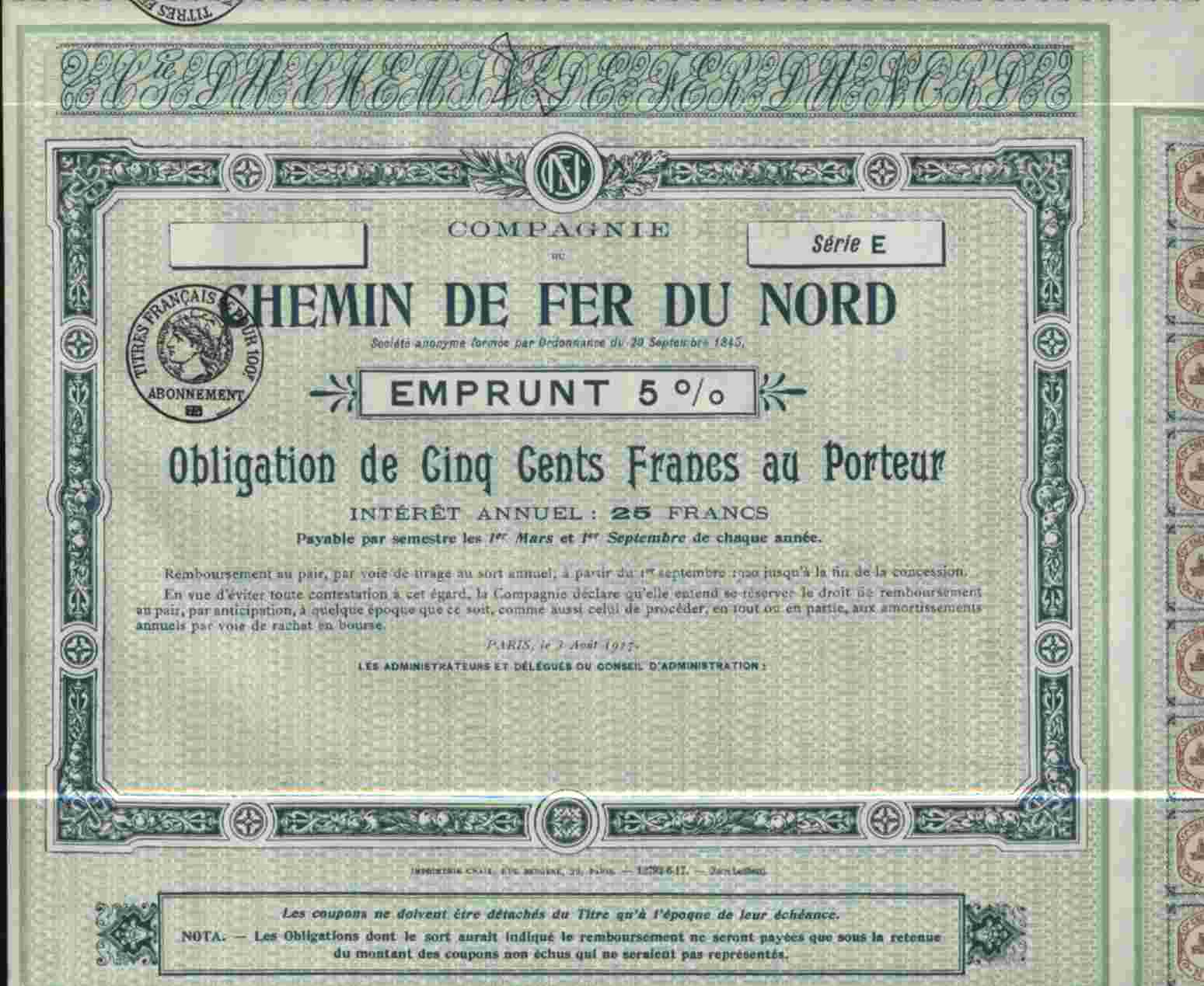 CIE DU CHEMIN DE FER DU NORD SERIE E  OB 5% - Ferrovie & Tranvie