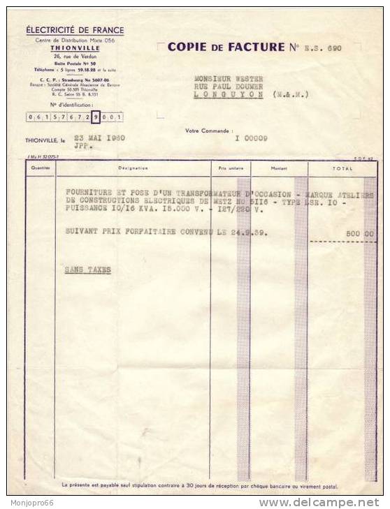 Facture De La Société D électricité De France De Thionville Et De 1960 - Electricité & Gaz