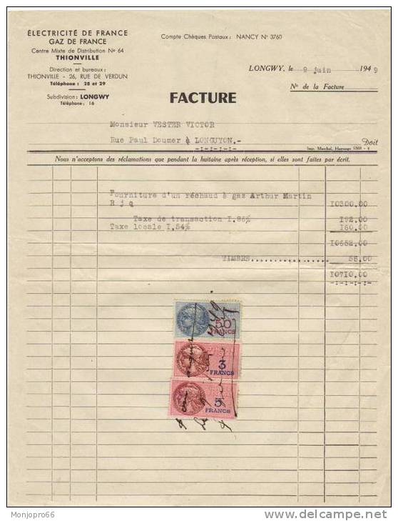 Facture De La Société D électricité De France De Thionville Et De 1949 - Elektrizität & Gas