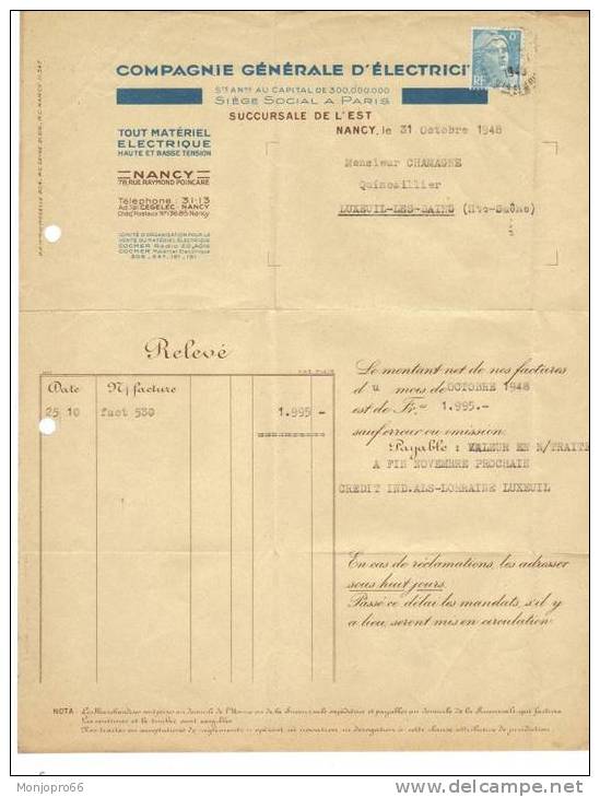 Relevé De Facture De La Compagnie Générale D Electricité De Nancy Et De 1948 - Elektrizität & Gas