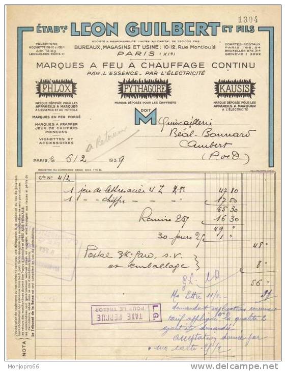 Facture Des Etablissements LEON GUILBERT Et FILS De Paris Et De 1939 - 1900 – 1949
