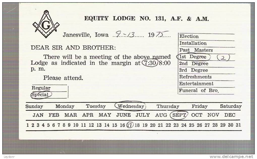 Samual Adams - Postal Card - Scott UX66 - Free Masons Equity Lodge No. 131 Janesville, Iowa - 1961-80