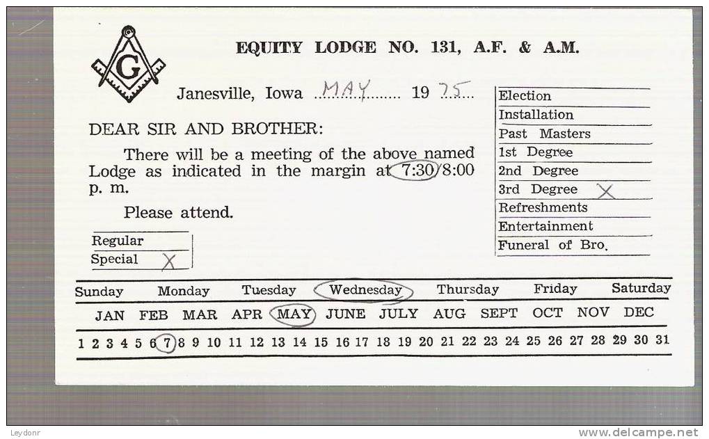 Samual Adams - Postal Card - Scott UX66 - Free Masons Equity Lodge No. 131 Janesville, Iowa - 1961-80