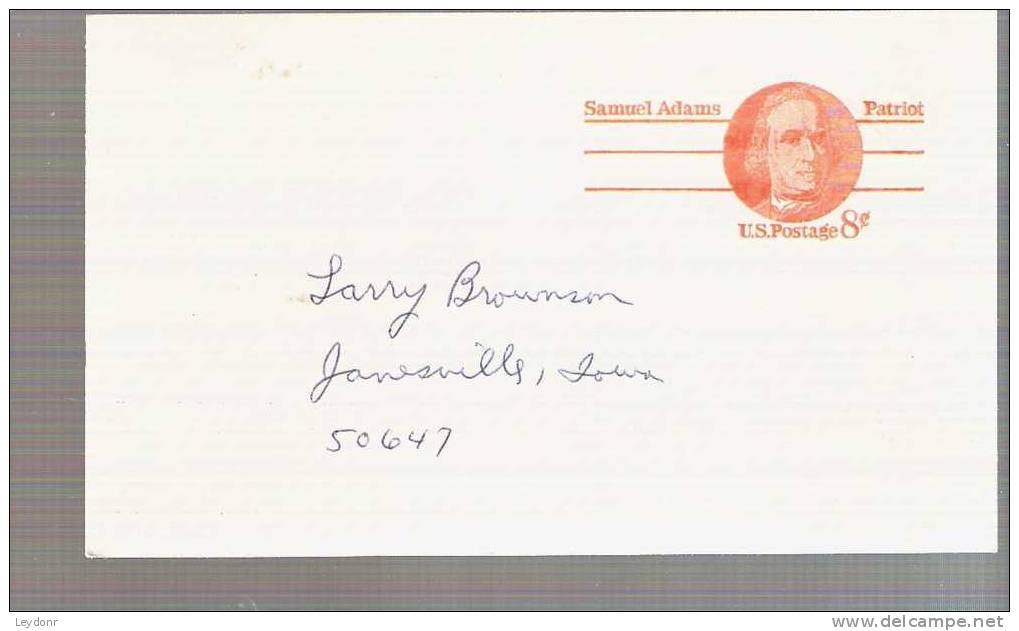 Samual Adams - Postal Card - Scott UX66 - Free Masons Equity Lodge No. 131 Janesville, Iowa - 1961-80