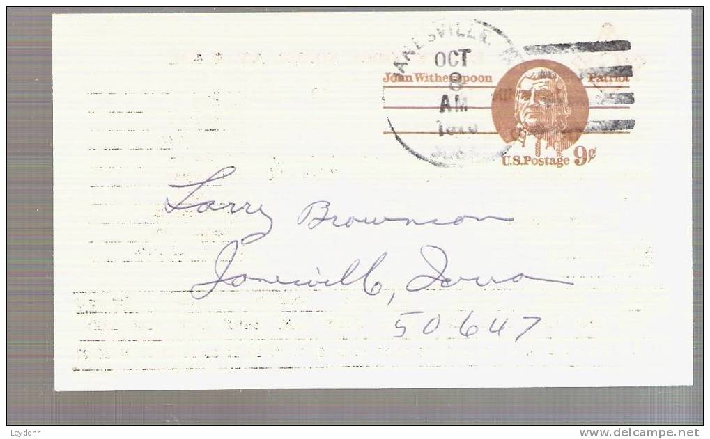 John Withrspoon - Postal Card - Scott UX69 - Free Masons Equity Lodge No. 131 Janesville, Iowa - 1961-80