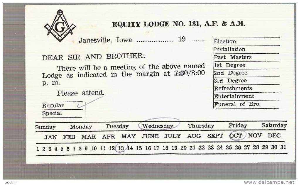 John Withrspoon - Postal Card - Scott UX69 - Free Masons Equity Lodge No. 131 Janesville, Iowa - 1961-80