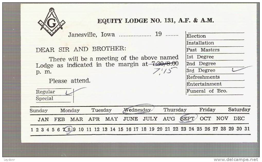 John Withrspoon - Postal Card - Scott UX69 - Free Masons Equity Lodge No. 131 Janesville, Iowa - 1961-80