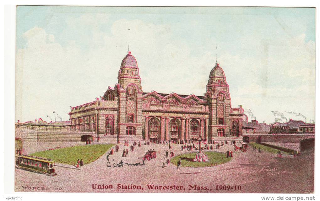 CARTE POSTALE Union Station Worcester Massachusetts Gare Train Tram - Worcester