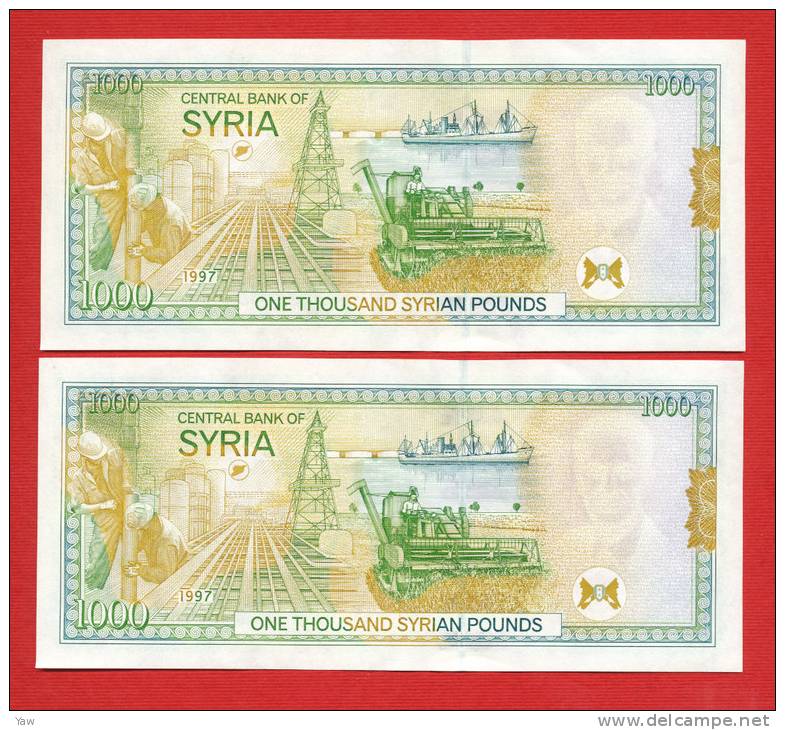 2 BANCONOTES SERIAL NUMBER  X 1000 POUNDS 1997 SECOND EMISSION WITH MAP, UNC. Pr.Hafez Al Assad - Syria