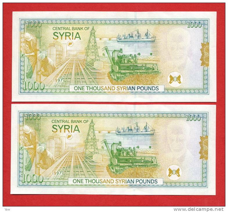 2 BANCONOTES SERIAL NUMBER  X 1000 POUNDS 1997 SECOND EMISSION WITH MAP, UNC. Pr.Hafez Al Assad - Syrie