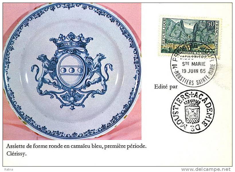 France : CM Carte Maximum Moustiers Faience Earthenware Art Assiette Plate Clerissy Camaieu Bleu Blue - Porcelain