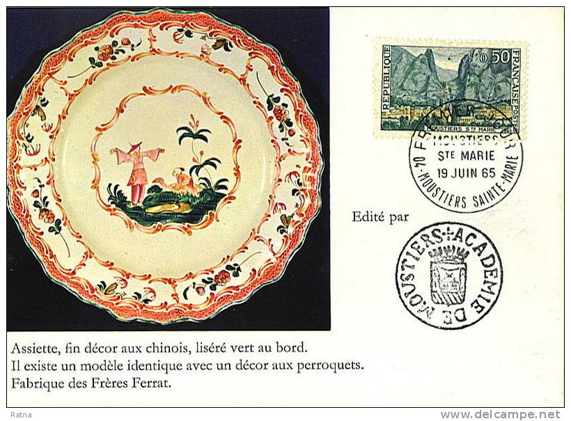 France : CM Carte Maximum Moustiers Faience Earthenware Art Assiette Plate Ferrat Decor Chinois Chinese Scenery - Porcelain