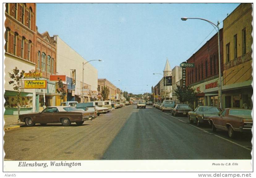 Ellensburg WA Chrome Street Scene, Florist Bank 1970s Vintage Autos On Postcard - Altri & Non Classificati