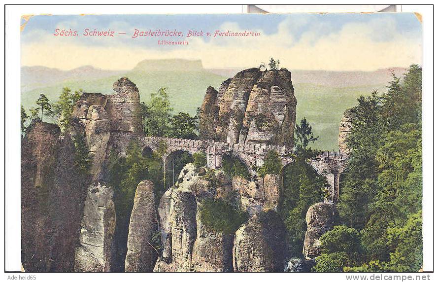 Sächs. Schweiz, Basteibrücke, Blick V. Ferdinandstein, Lilienstein Verlag Hartmann, Dresden - Bad Schandau