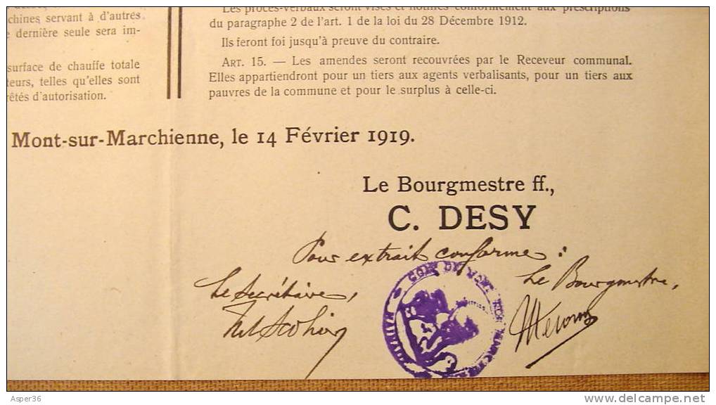 Affiche "Commune De Mont-sur-Marchienne, Taxes Communales 1919" - Collezioni