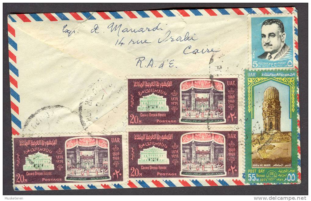 Egypt Airmail Par Avion Mult. Franked On Reverse Side Cairo Cover 1971 To Denmark Nasser Opera House Mosque - Luchtpost