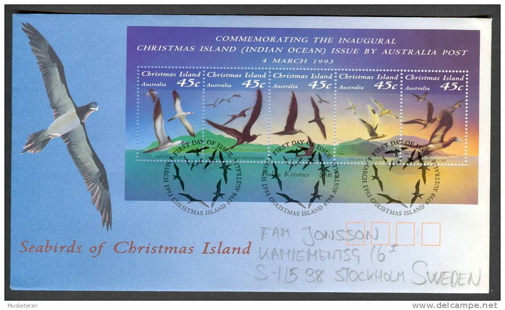 Christmas Island Australia SG MS 377 Miniature Sheet Block On FDC Cover Seabirds 1993 To Sweden - Christmas Island