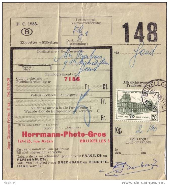 BELGIQUE-FORMULAIRE LIVRAISON DE COLIS 15-4-1960 - Post Office Leaflets