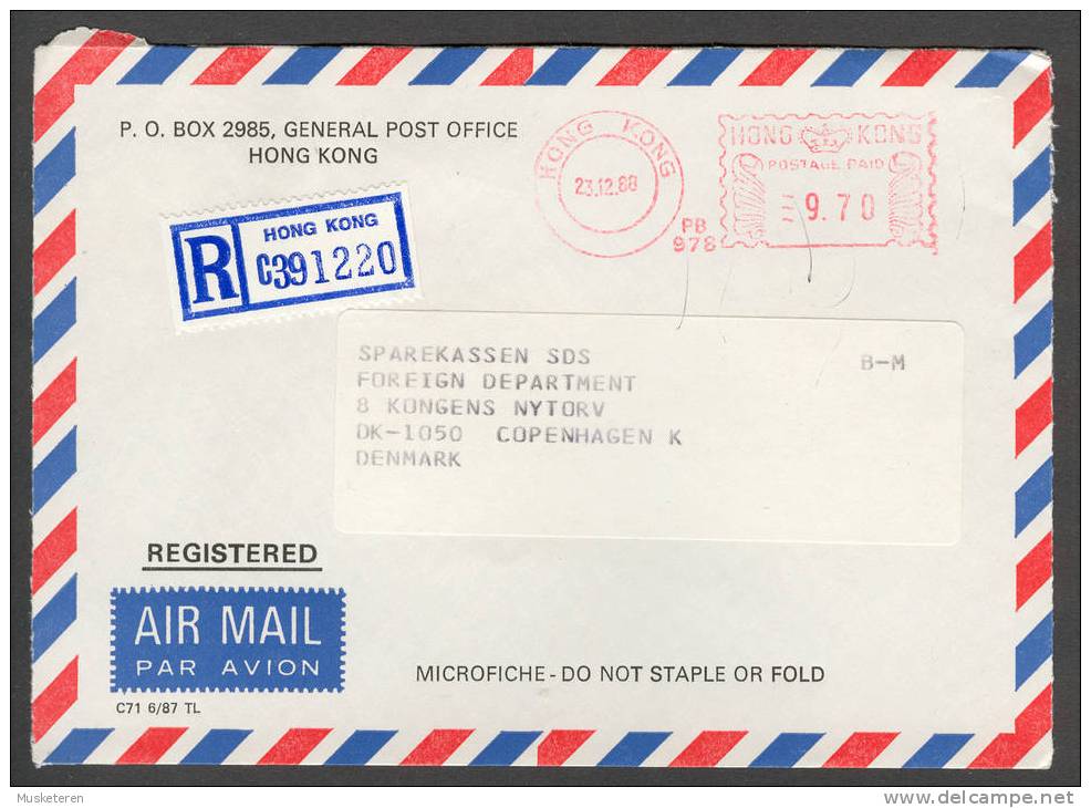 Hong Kong General Post Office Registered Airmail Par Avion Meter Stamp Cover 1988 To Denmark - Lettres & Documents