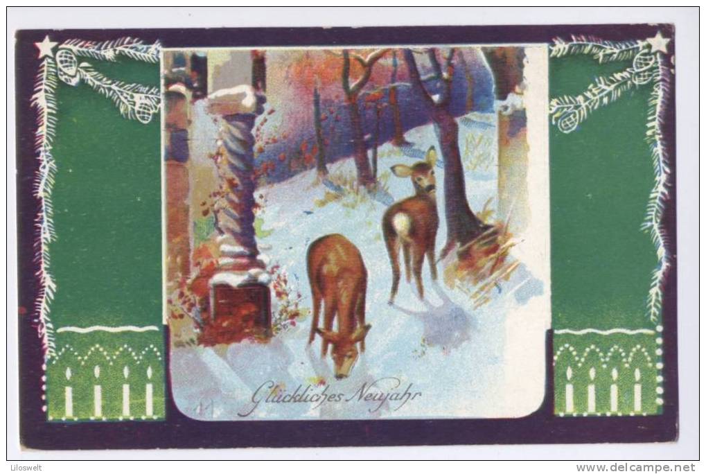 Neujahr Reh Rehe Schnee Passepartout Kerzen 1911 - New Year