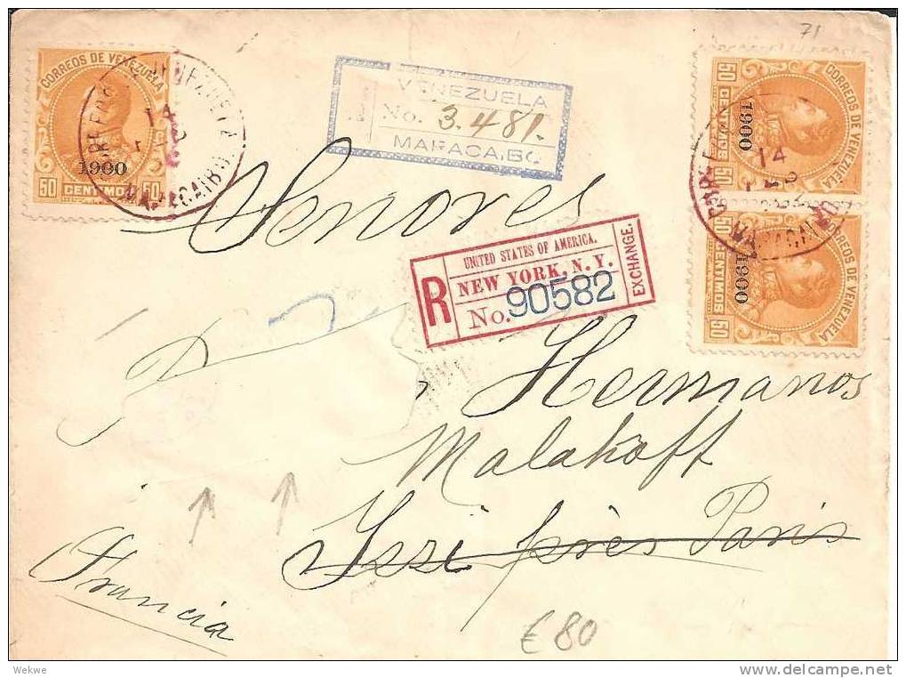 Ven006a/  VENEZUELA - Brief (cover, Leetre)  Maracaibo 1902 R-Stempel (+ N.Y. Zettel) - Venezuela