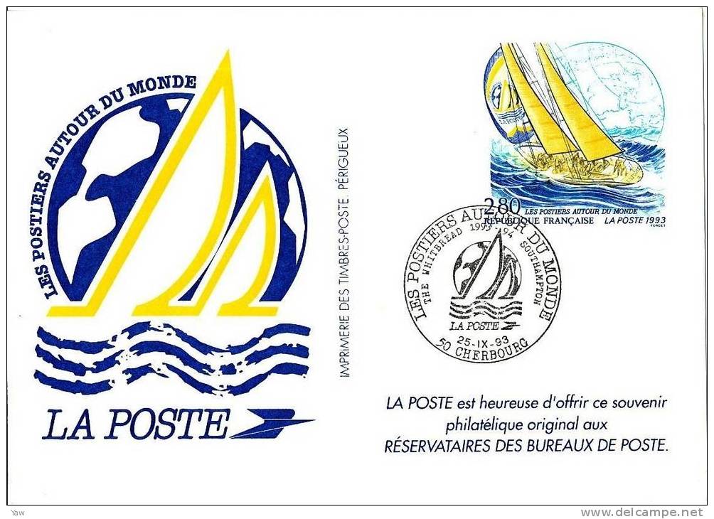 FRANCIA 1993 BIGLIETTO POSTALE: Les Postiers Autour Du Monde The WHITBREAD 1993-94 Southampton 25-9-1993 Cherbourg - Pseudo-officiële  Postwaardestukken