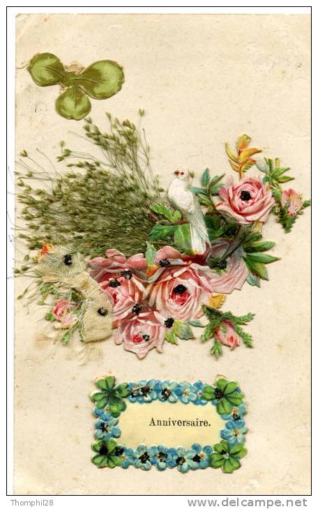 ANNIVERSAIRE - Belle Carte Avec Motifs En Applique (fleurs Et Tourterelle) + Brins D´herbes Naturels. - Noces