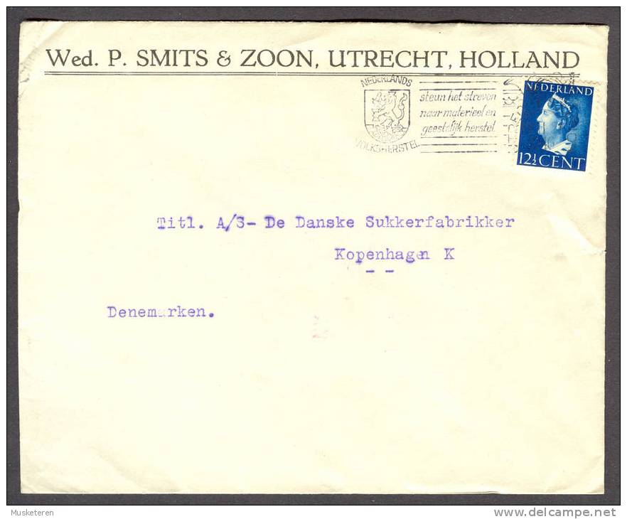 Netherlands Wed. P. SMITS & ZOON, UTRECHT 1946 Cover Brief Denmark Queen Wilhemina Single Stamp - Lettres & Documents