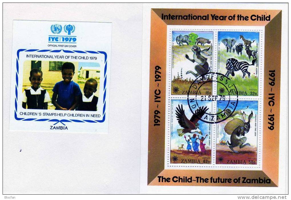 UNICEF Kindertag 1979 Zambia 205/8+Block 5 Auf 2FDC 27€ Kinder-Bücher Sheet Bloque Ss M/s Children Books Cover Bf UNESCO - UNICEF