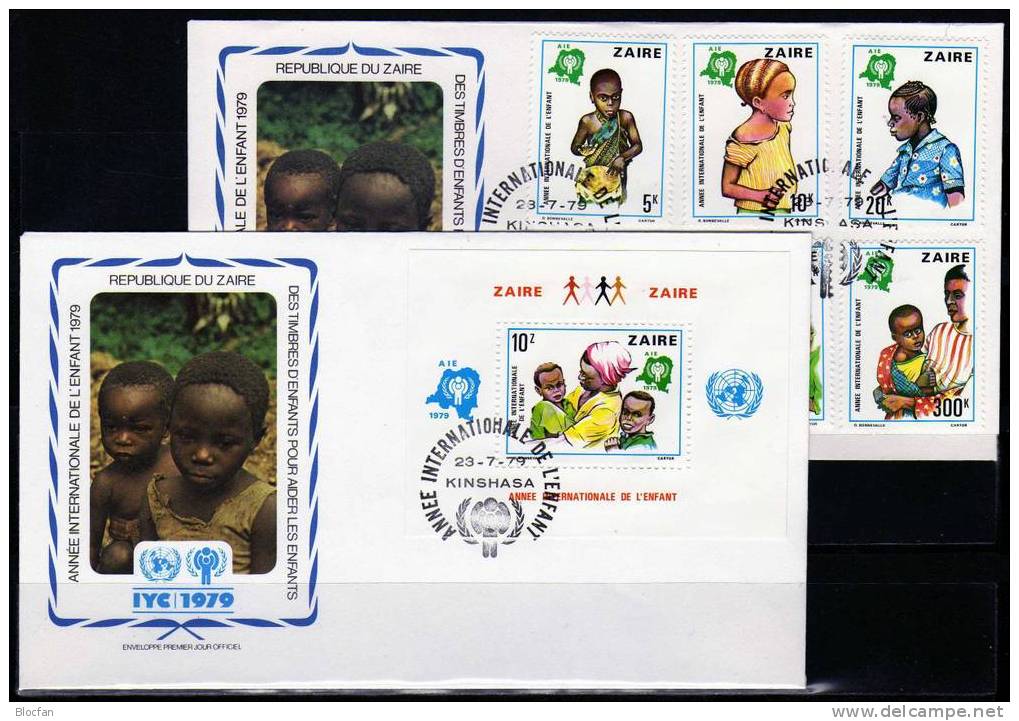 UN-Jahr Des Kindes 1979 Kongo Zaire 613/8+Block 29 Auf 2FDC 43€ Trachten In Afrika Bloque Childrens Sheet Cover Bf Congo - Sonstige & Ohne Zuordnung