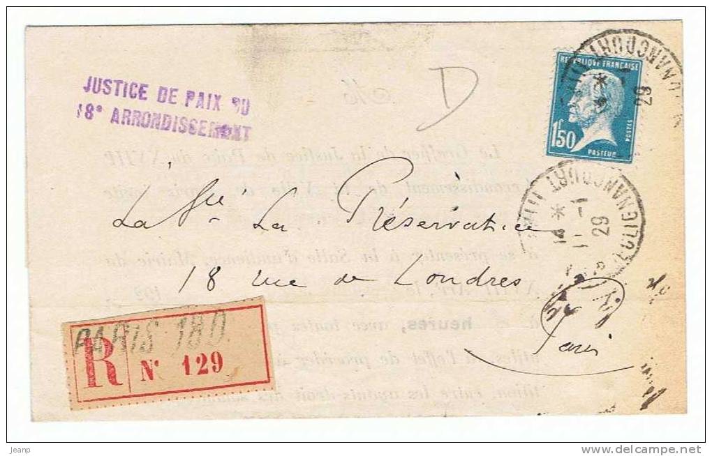 1f50 Pasteur Yvert 181 Sur Lettre Recommandée De 1929, (justice De Paix) - 1922-26 Pasteur