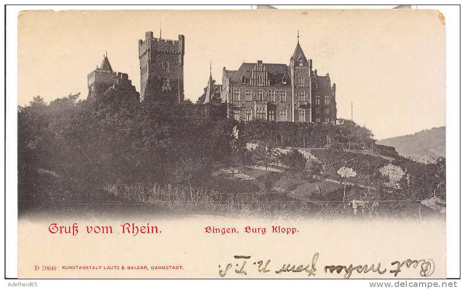 Gruss Vom Rhein Bingen Burg Klopp 1907 Nach Philadelphia Lautz & Balzar Kunstanstalt Darmstadt - Bingen