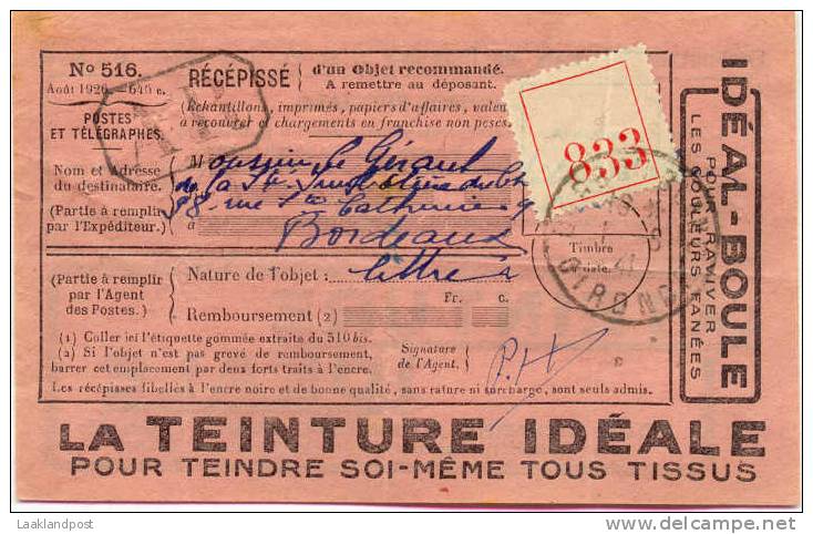 France RECEPISSE (d'un Object Recommande) + Advertising TEINTURE 1926  (E1097) - Textiel