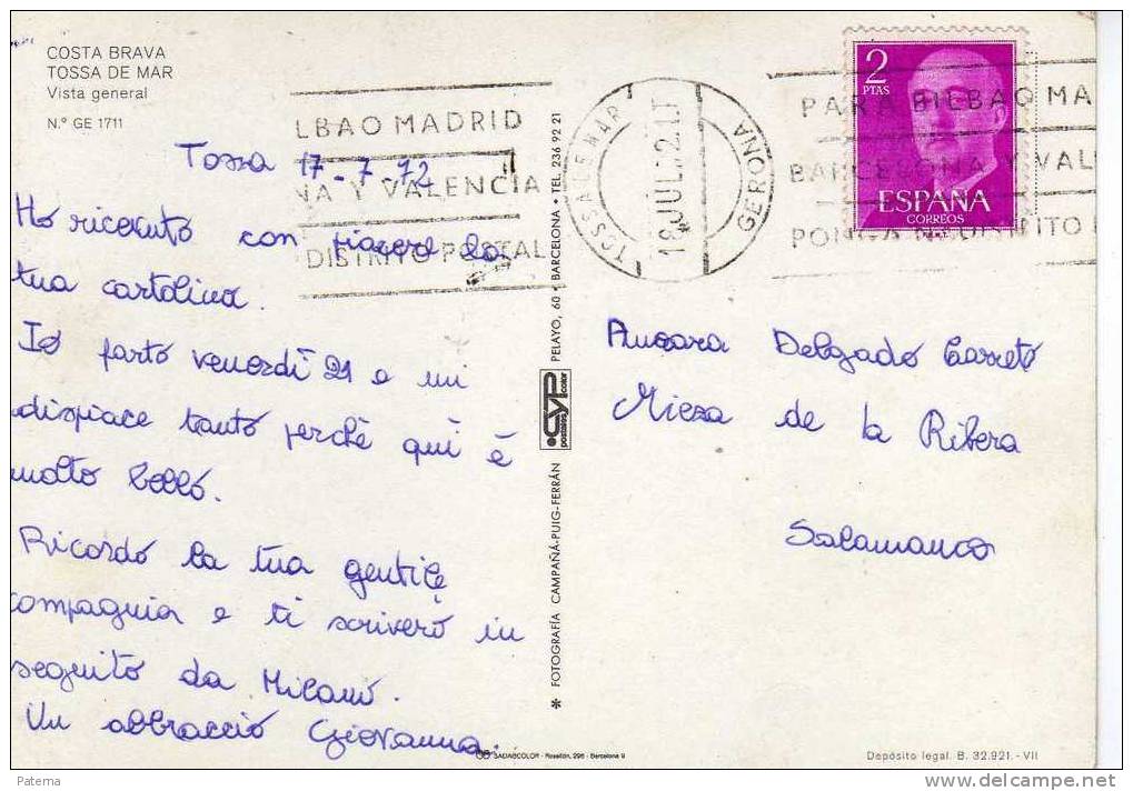 Postal, Tossa De Mar ( Gerona) 1972, Post Card - Cartas & Documentos