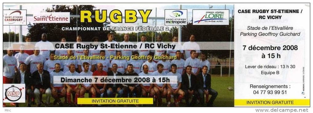 Billet Du Match ST ETIENNE/RC VICHY Fédéral 2 Du 7-12-2008 - Rugby