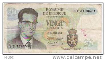 Belgique Billet 20F 15/06/64 (série 3F) Tb - Andere & Zonder Classificatie