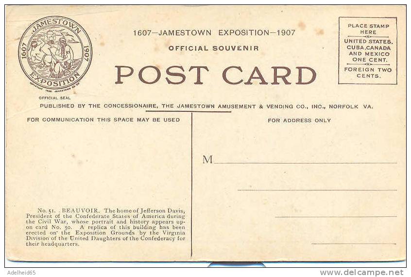 Official Souvenir Post Card Jamestown Exposition 1907, Norfolk, VA N° 51 Beauvoir - Norfolk