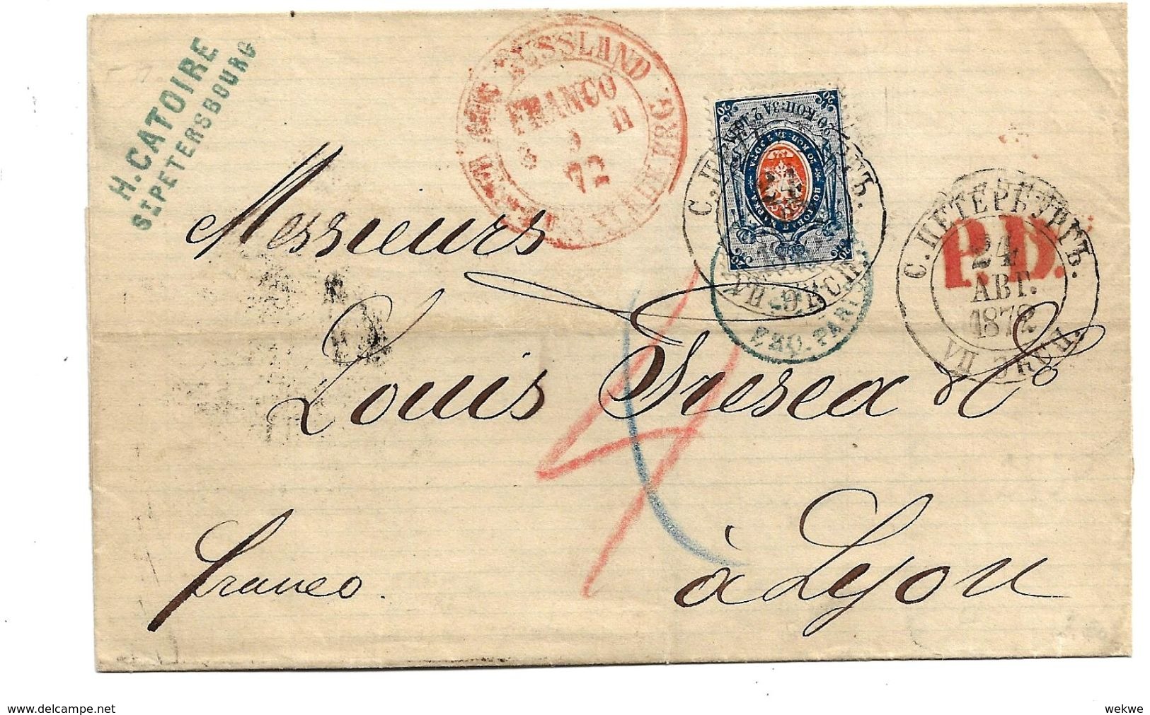 RL079a /  RUSSLAND -/ Mi.Nr. 22y, 20 K. 1872 St. Petersburg Nach Lyon (Yvert 22 B) - Briefe U. Dokumente