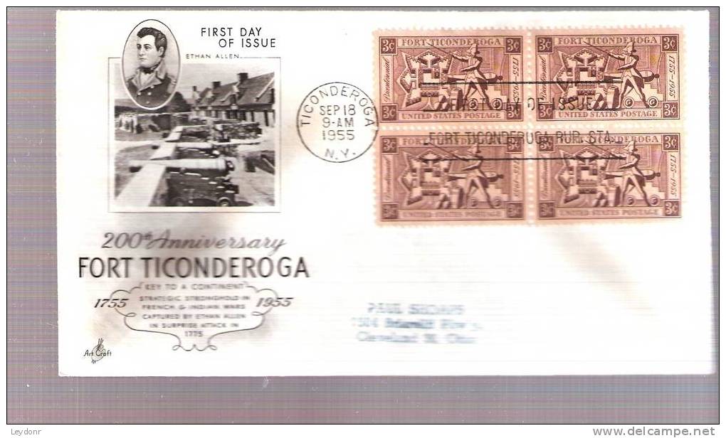 FDC Fort Ticonderoga 200th Anniversary - Scott # 1071 Bloc Of 4 Stamps - 1951-1960