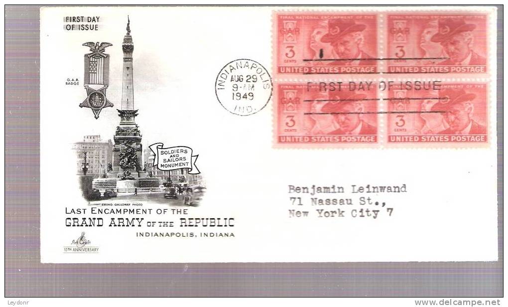 FDC Last Encampment Of The Grand Army Of The Republic - Scott # 985 Bloc Of 4 Stamps - 1941-1950