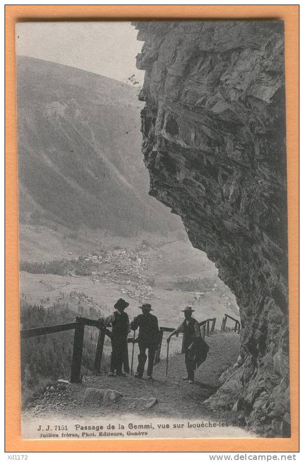 E149 Passage De La Gemmi,vue Sur Loèche-les-Bains. Leukerbad.Animé.Cachet 1908 Gemmi-Passhöhe Vers Montreux.Jullien 7151 - Loèche