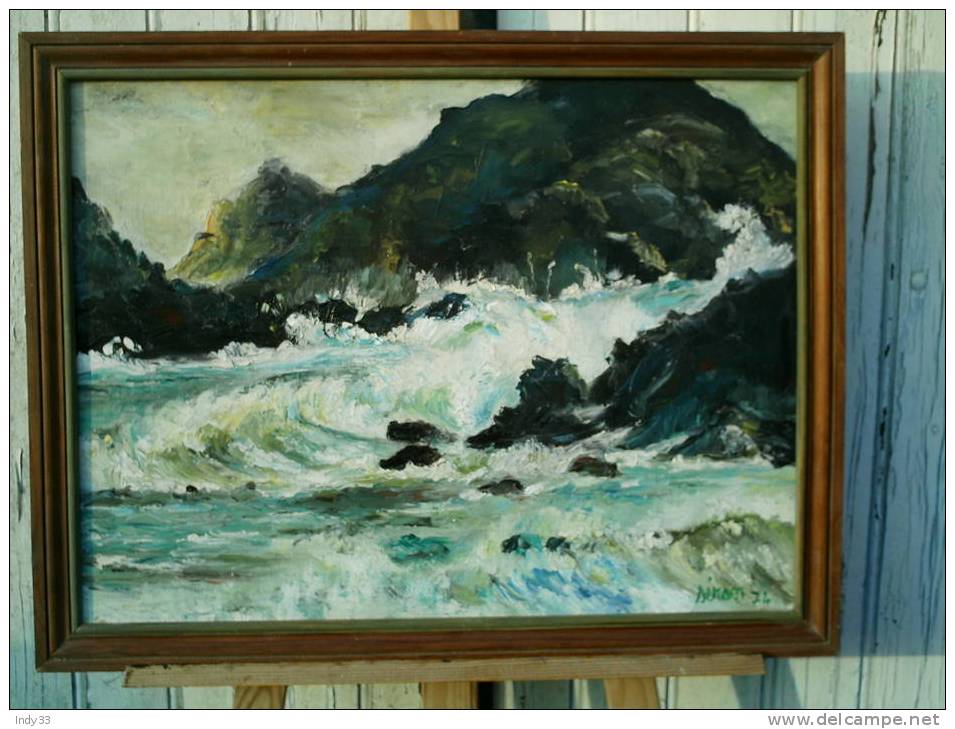 - BORD DE MER AVEC ROCHERS . PEINTURE ACRYLIQUE SUR TOILE SIGNEE SERAN 74 . - Acrilicos